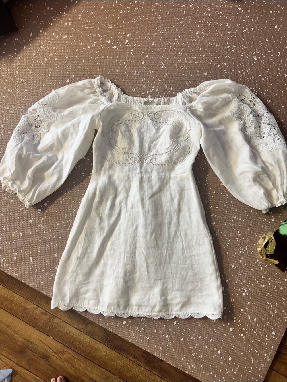 FARM Rio White Puff Sleeve Eyelet Mini Dress